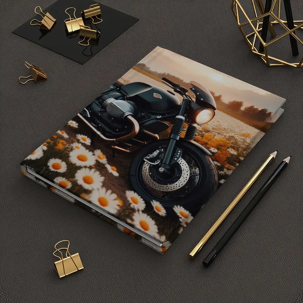 Cafe Racer Motorcycle Daisy Field Sunset – Notebooks