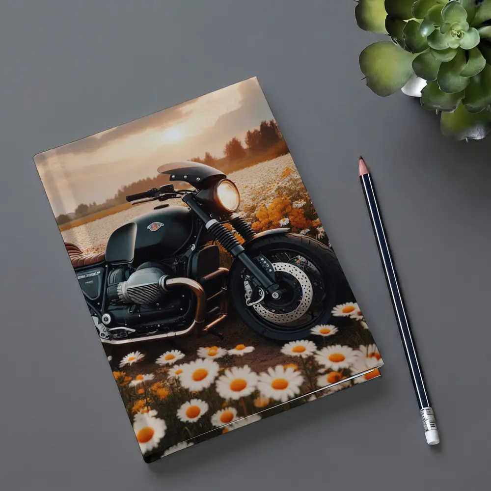 Cafe Racer Motorcycle Daisy Field Sunset – Notebooks