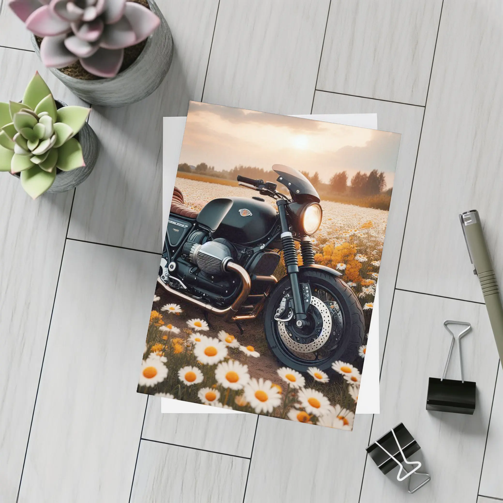 Cafe Racer Motorcycle Daisy Field Sunset – Postcards