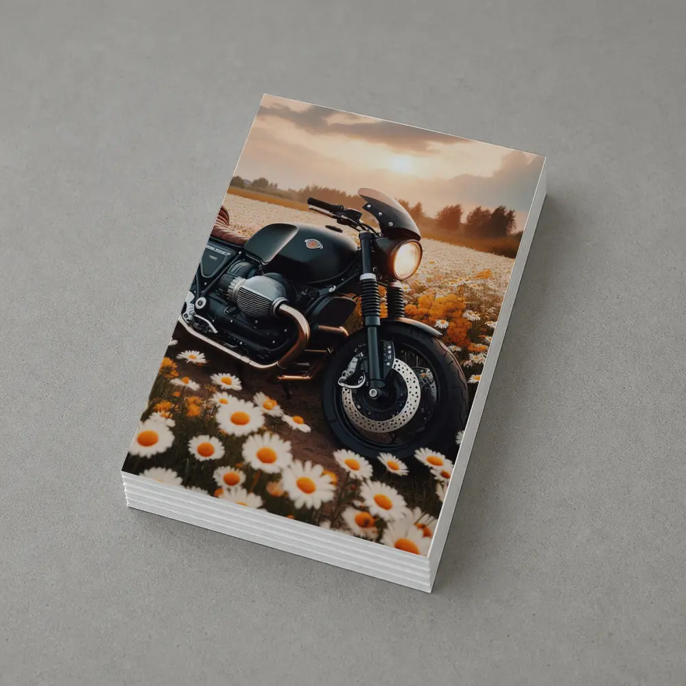 Cafe Racer Motorcycle Daisy Field Sunset – Postcards
