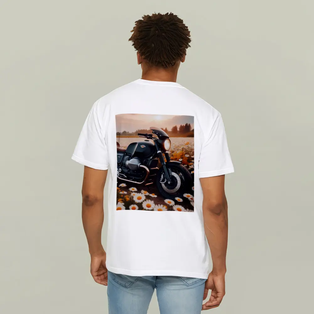 Cafe Racer Motorcycle Daisy Field Sunset – T-Shirts