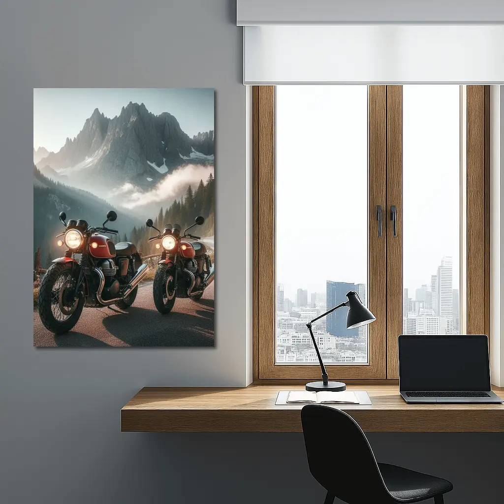Classic Red Cafe Racer Motorcycles Mountain Road – Wall Art