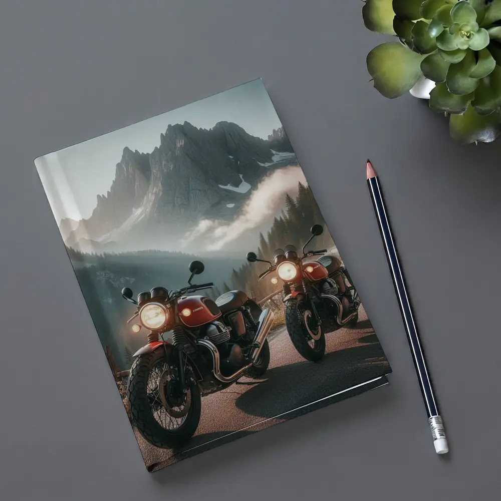 Classic Red Cafe Racer Motorcycles Mountain Road – Notebooks