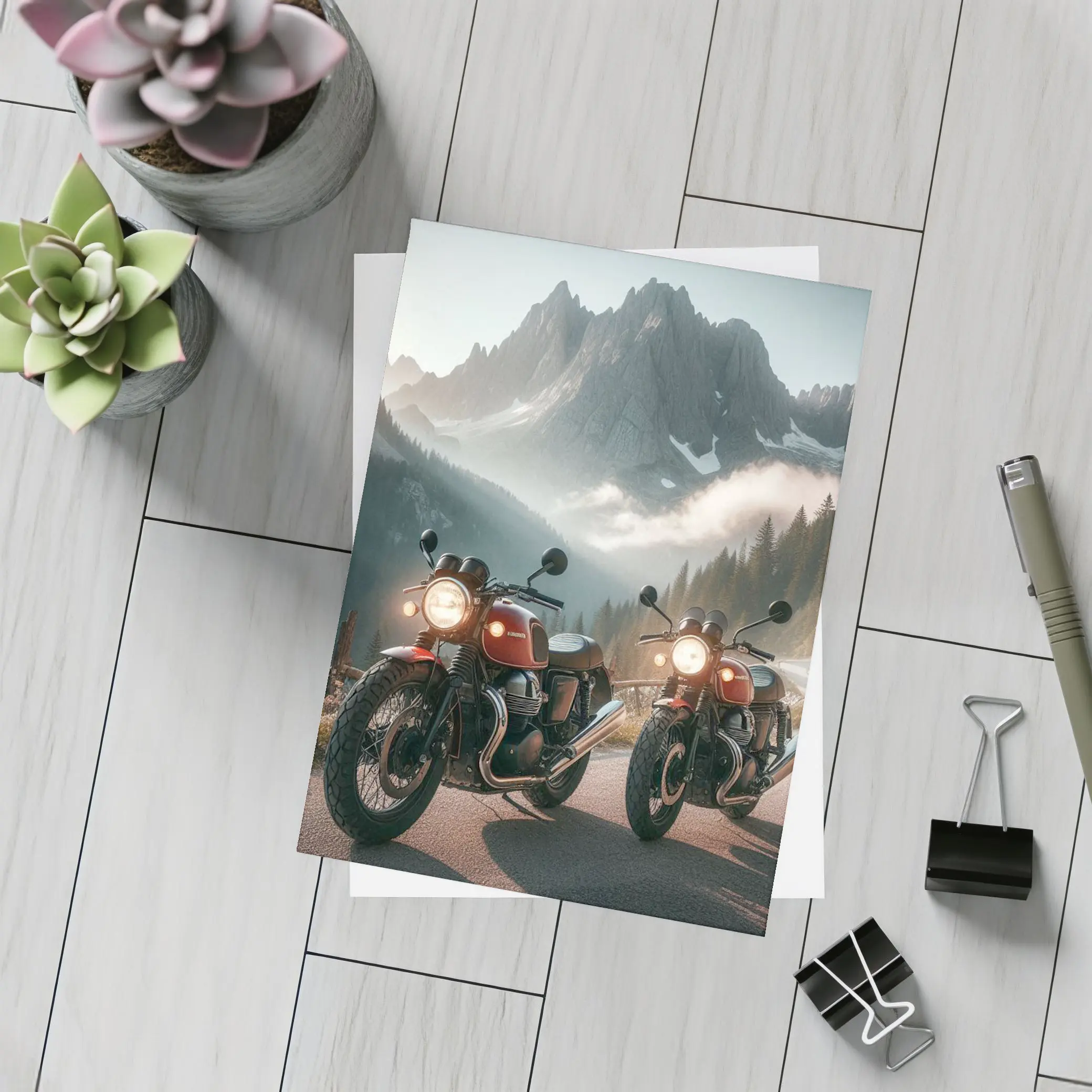 Classic Red Cafe Racer Motorcycles Mountain Road – Postcards