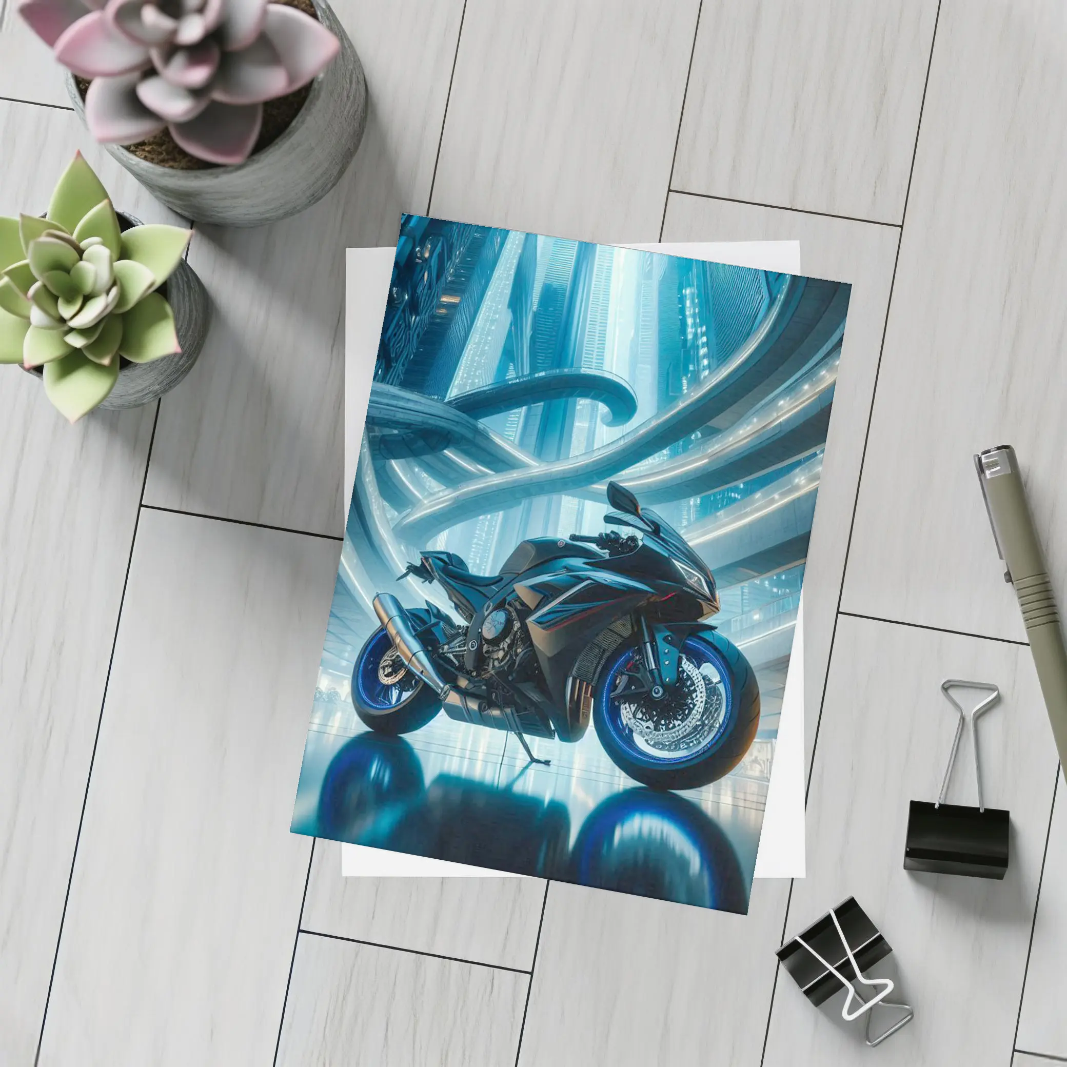 Sport Bike Superbike Futuristic City Blue Night – Postcards