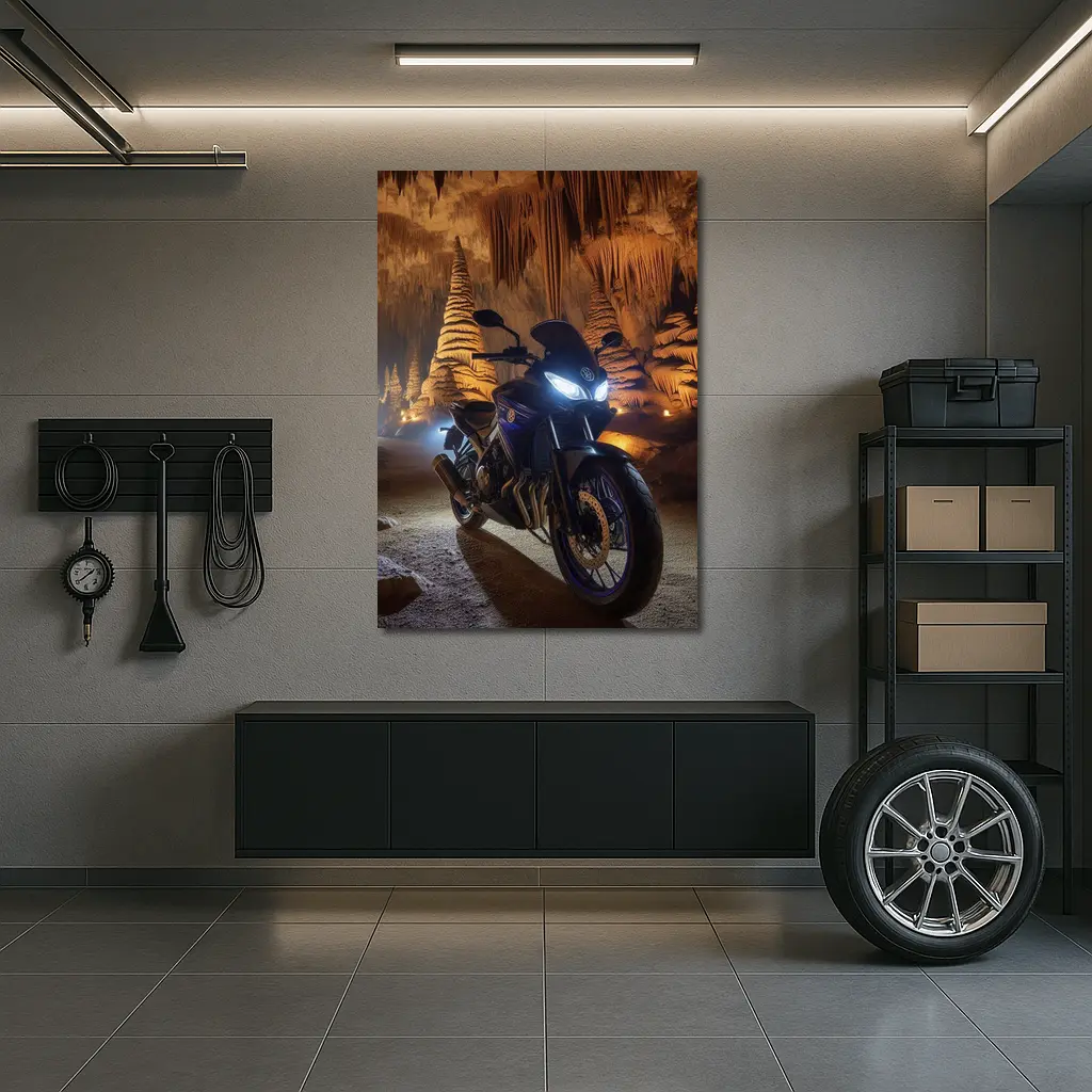 Yamaha Motorcycle Parked Inside Dramatic Cave – Wall Art