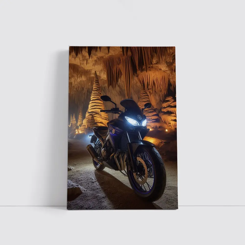 Yamaha Motorcycle Parked Inside Dramatic Cave – Wall Art