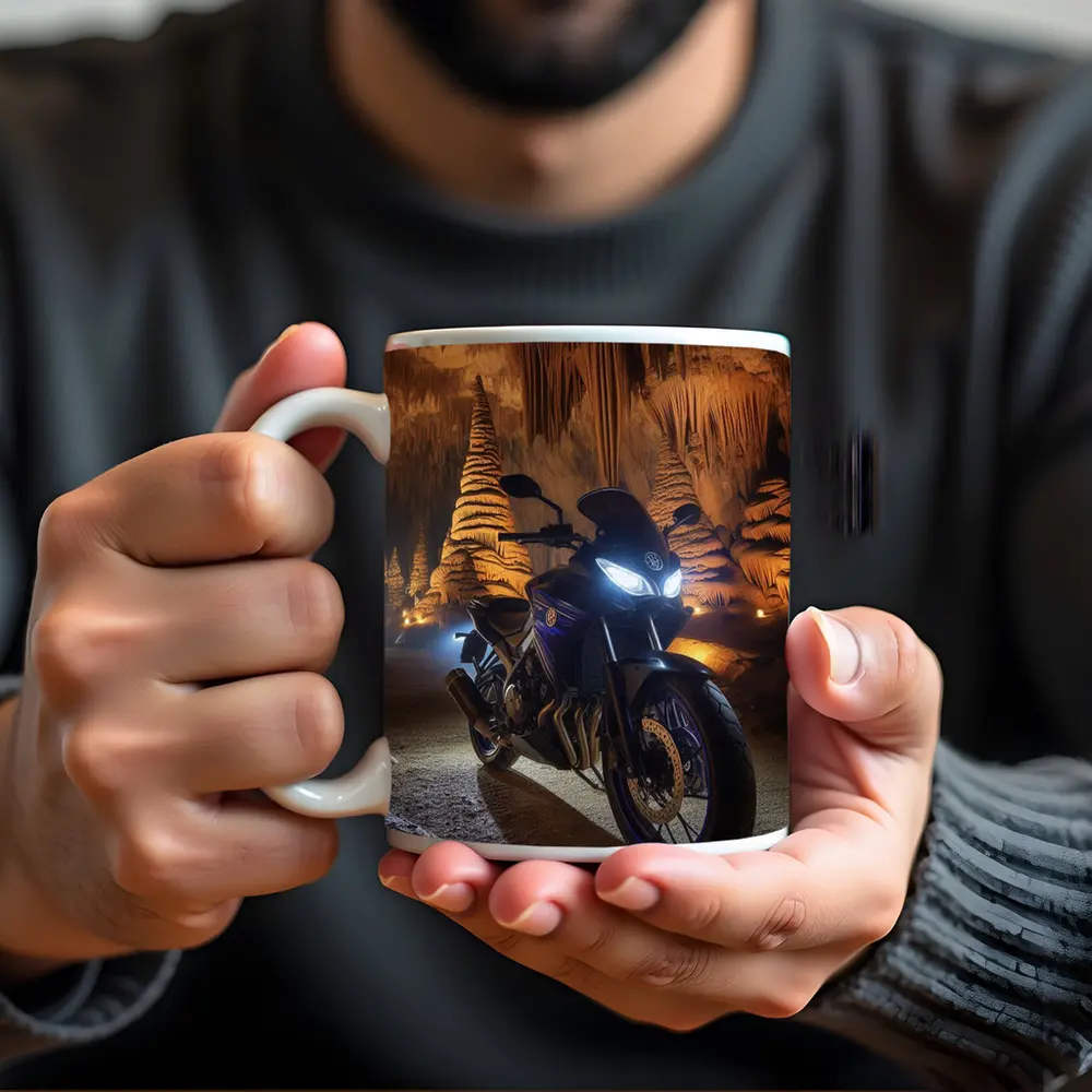 Yamaha Motorcycle Parked Inside Dramatic Cave – Mugs