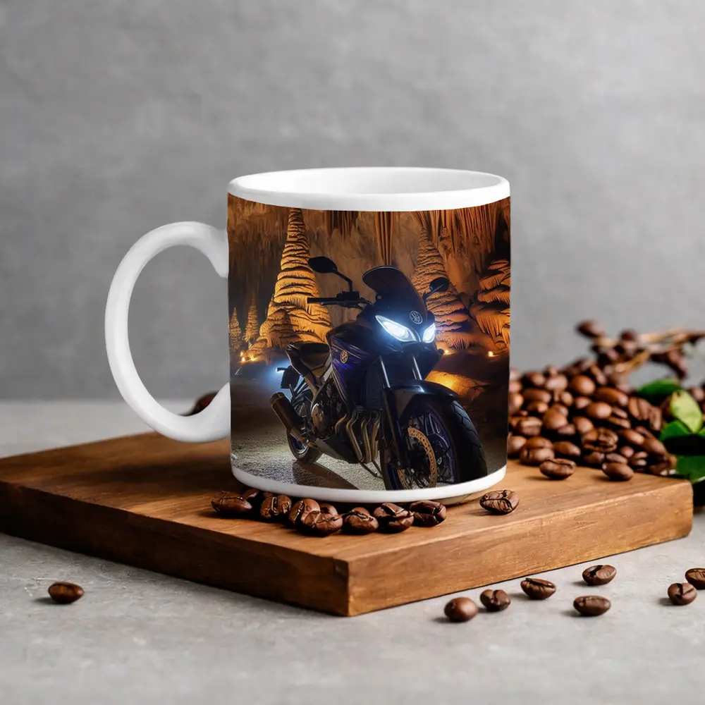Yamaha Motorcycle Parked Inside Dramatic Cave – Mugs