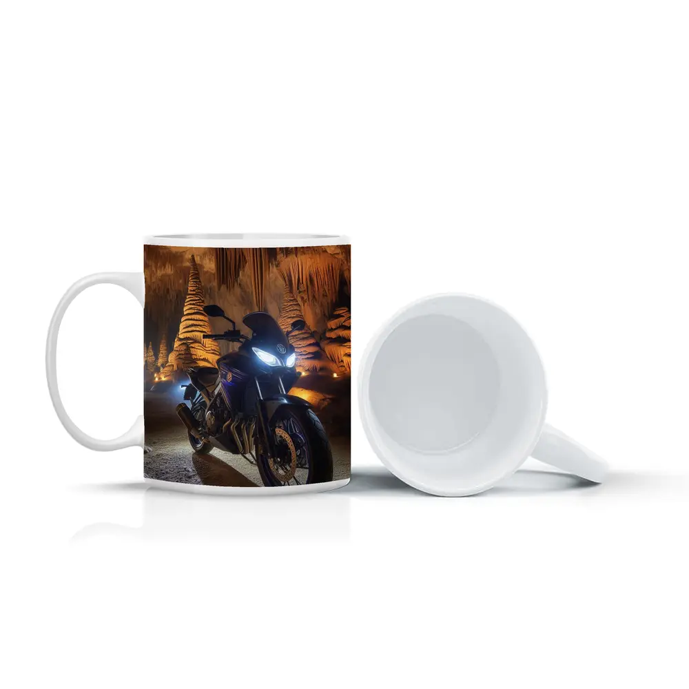 Yamaha Motorcycle Parked Inside Dramatic Cave – Mugs