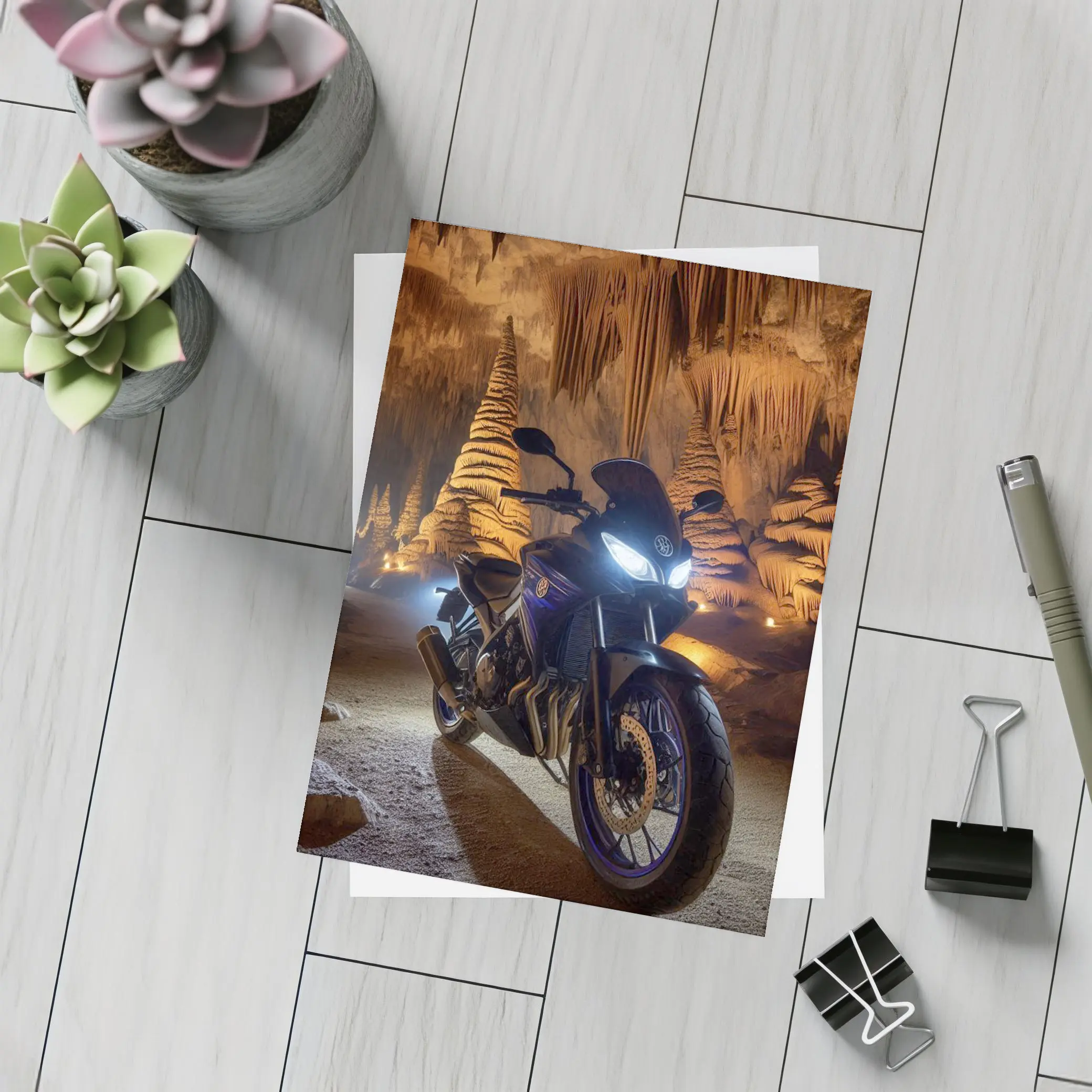 Yamaha Motorcycle Parked Inside Dramatic Cave – Postcards