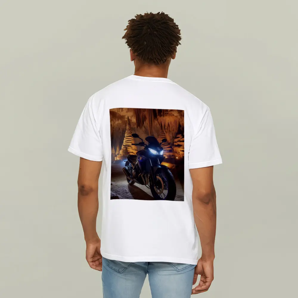 Yamaha Motorcycle Parked Inside Dramatic Cave – T-Shirts