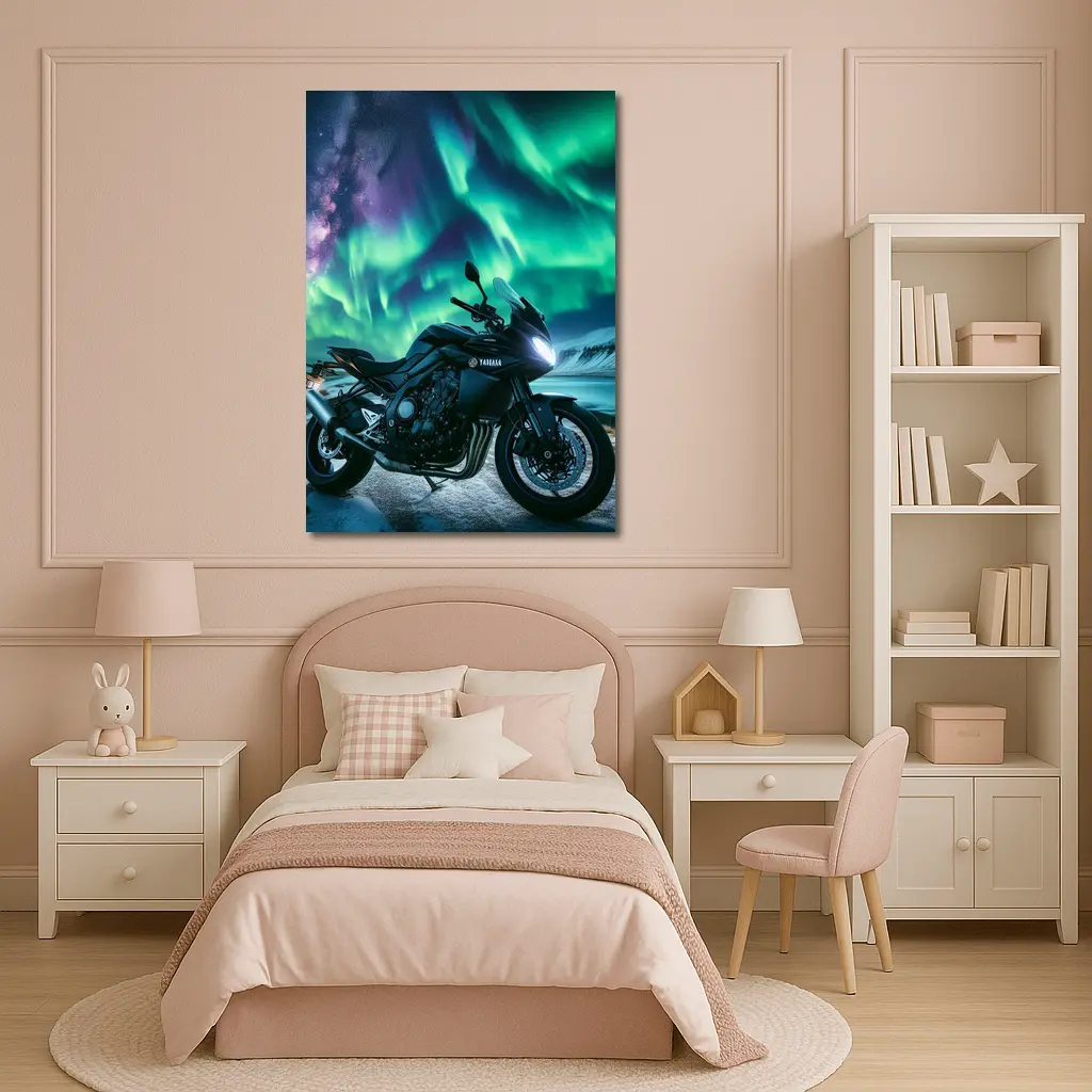 Yamaha Motorcycle Under Northern Lights Night – Wall Art
