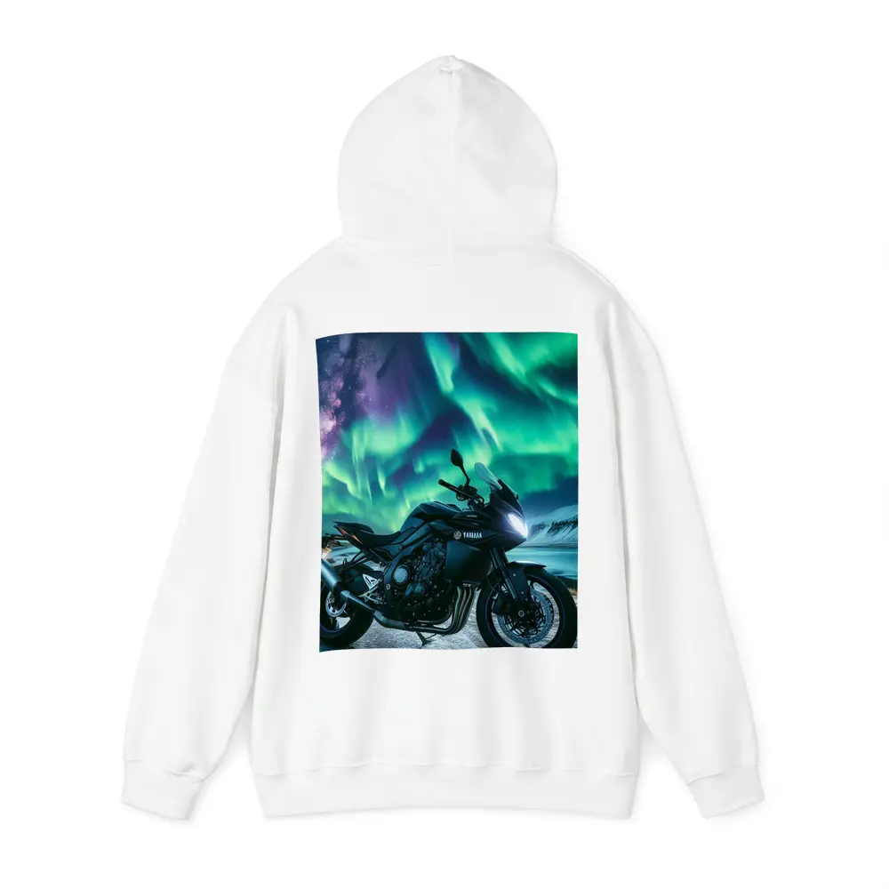 Yamaha Motorcycle Under Northern Lights Night – Hoodies