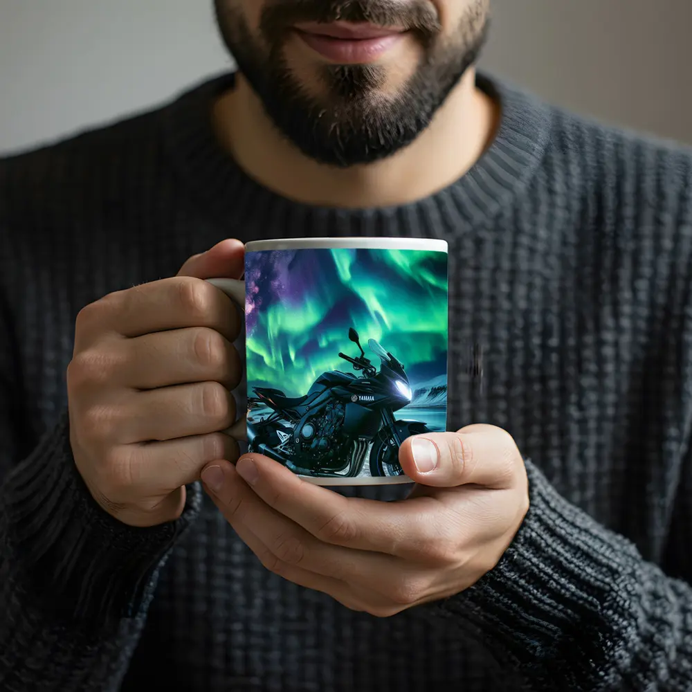 Yamaha Motorcycle Under Northern Lights Night – Mugs