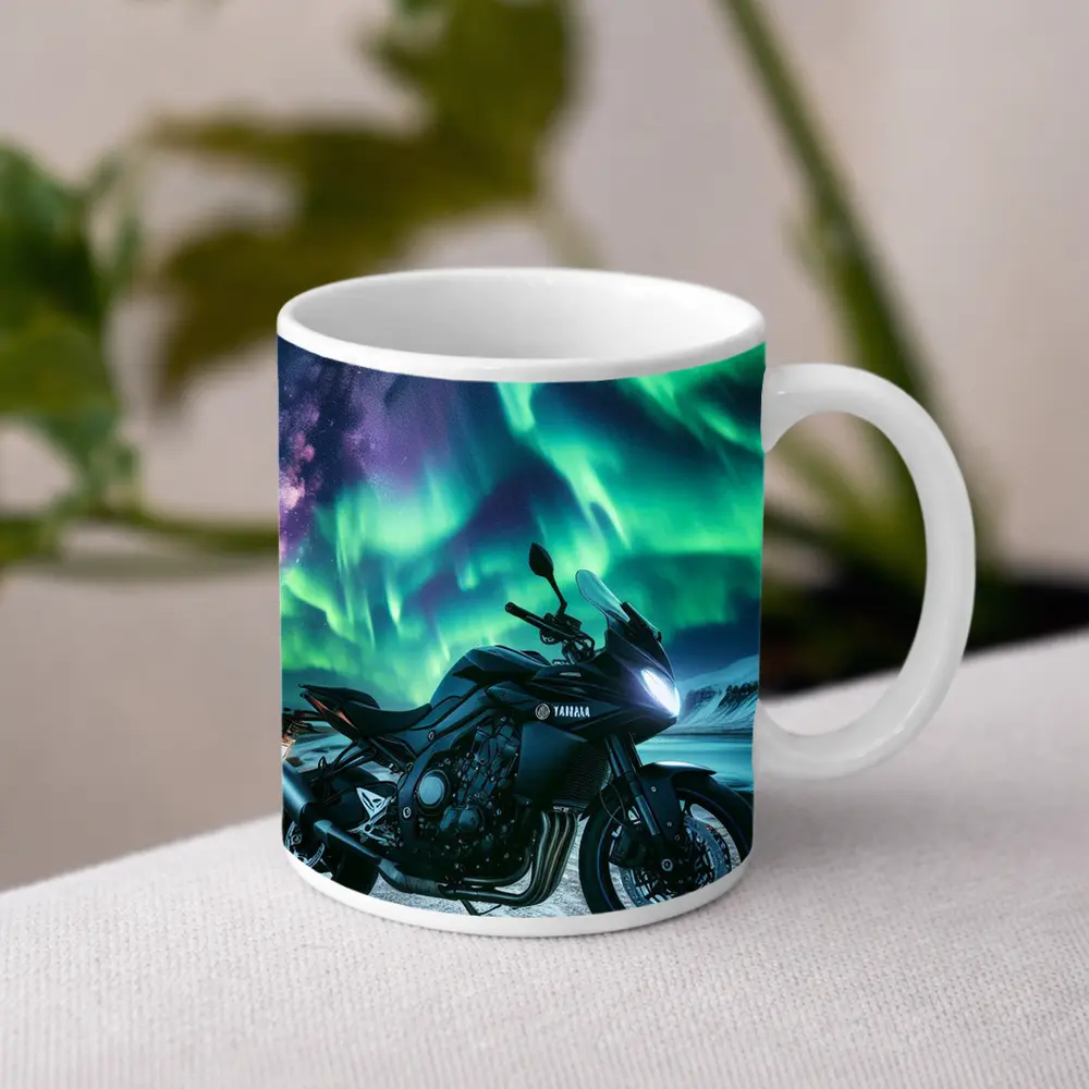 Yamaha Motorcycle Under Northern Lights Night – Mugs