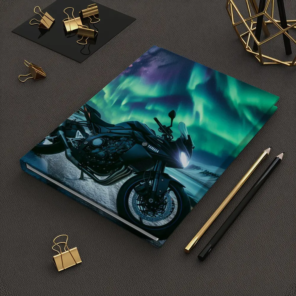 Yamaha Motorcycle Under Northern Lights Night – Notebooks