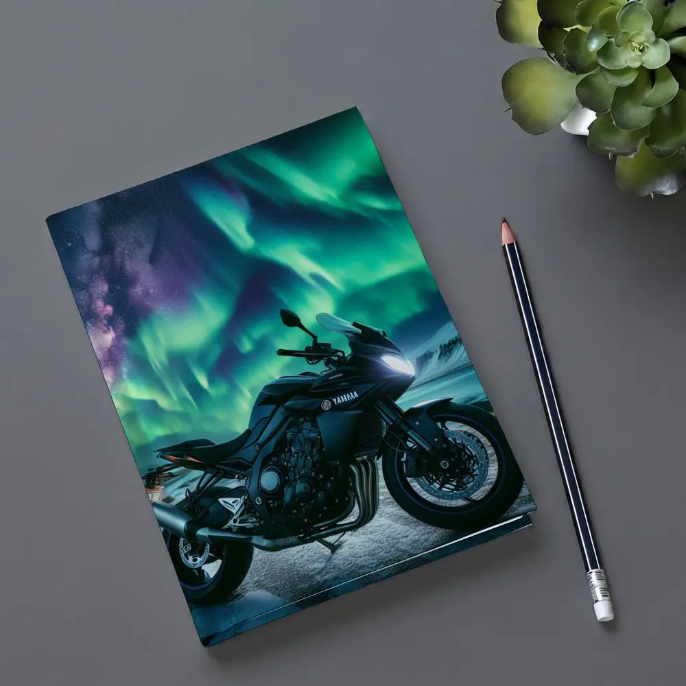 Yamaha Motorcycle Under Northern Lights Night – Notebooks
