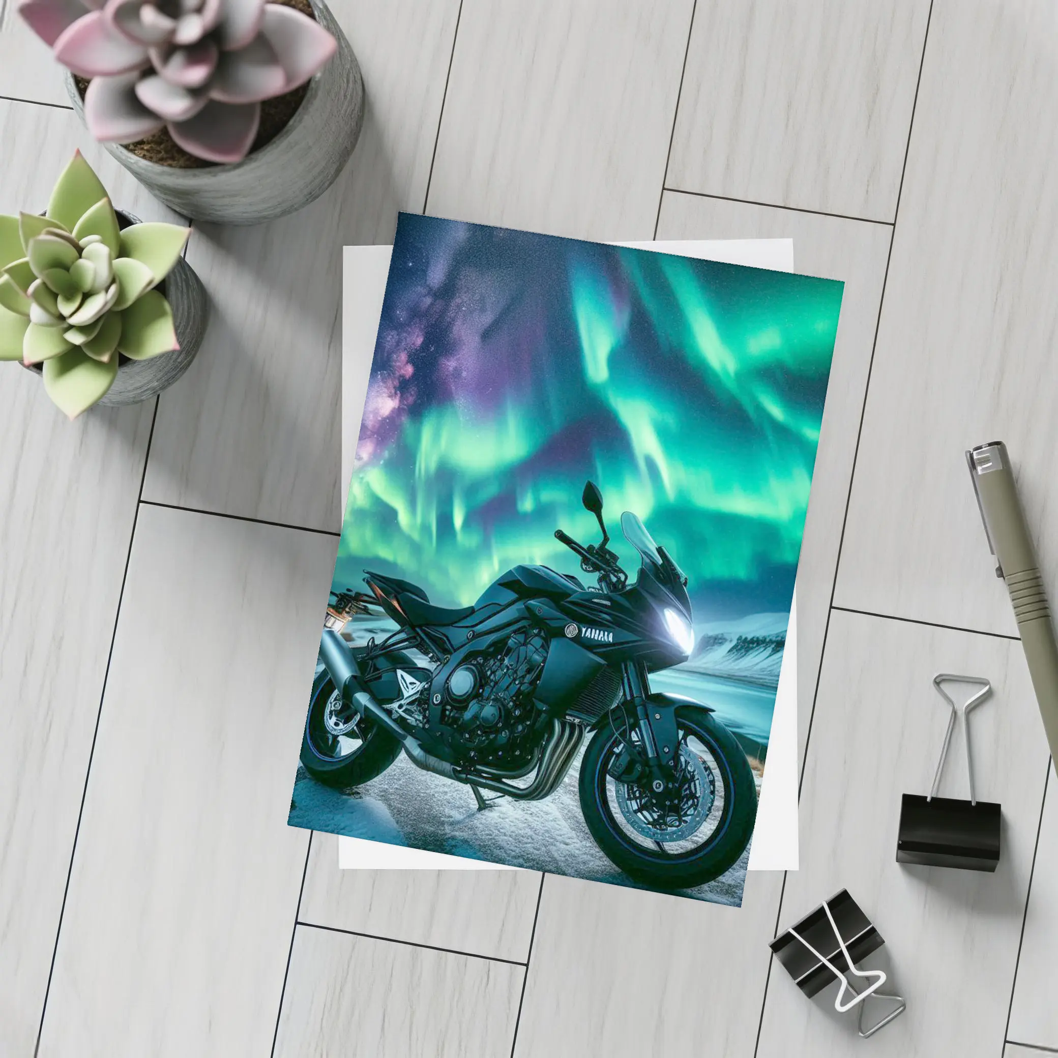 Yamaha Motorcycle Under Northern Lights Night – Postcards