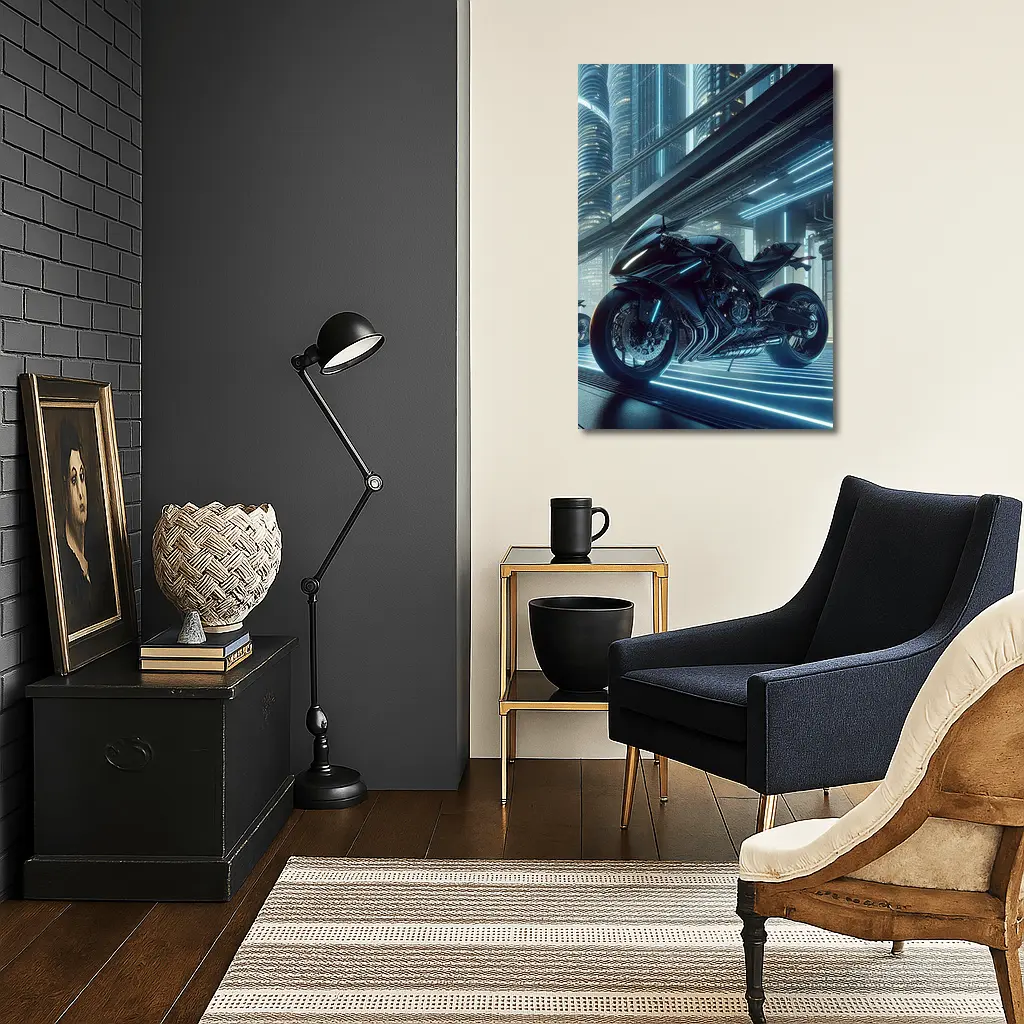 Black Futuristic Sport Bike Neon City – Wall Art