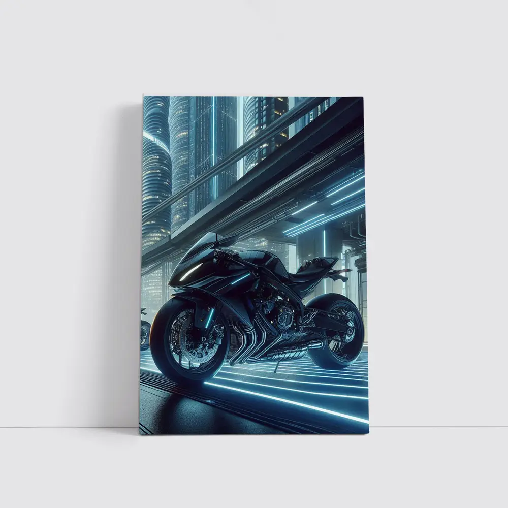 Black Futuristic Sport Bike Neon City – Wall Art