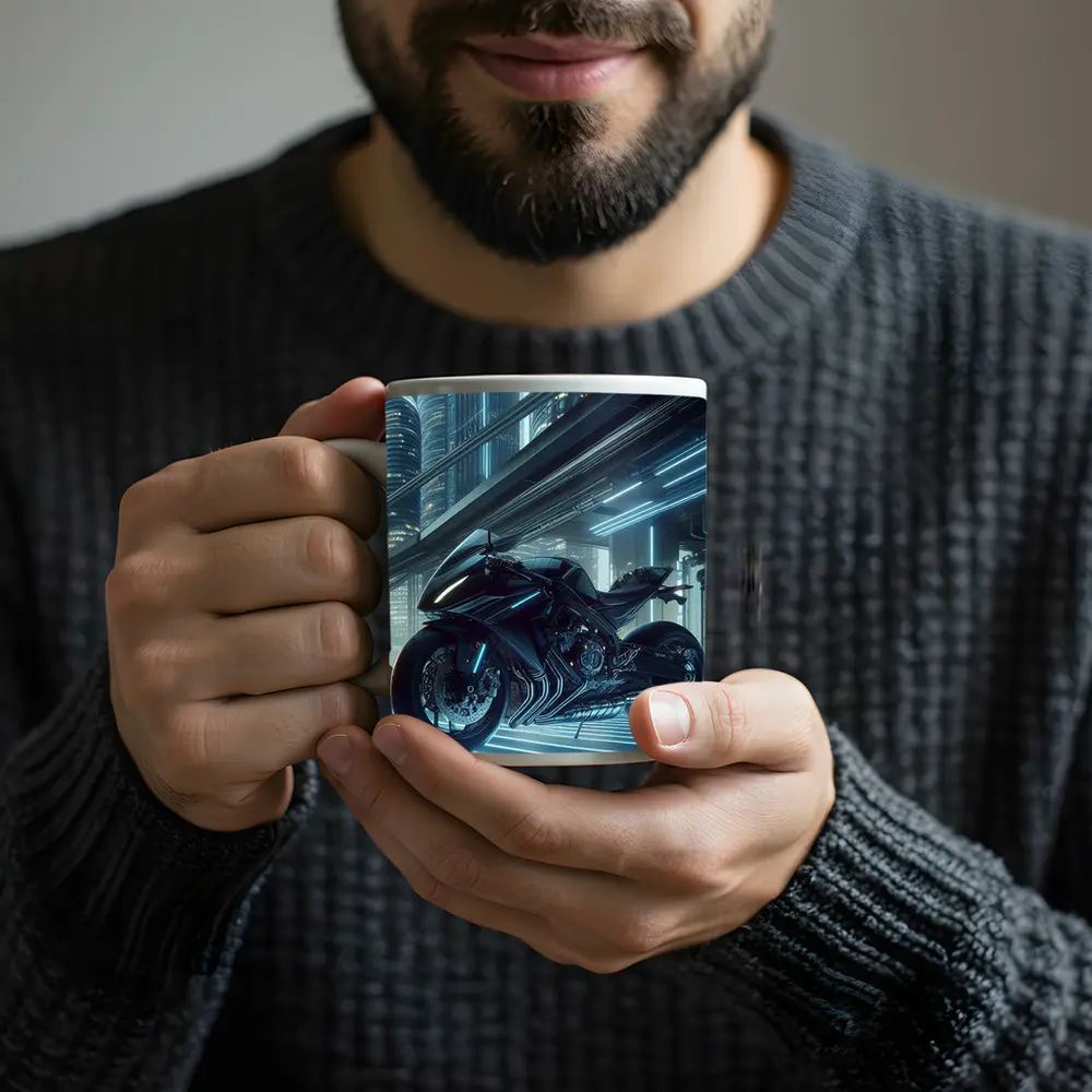 Black Futuristic Sport Bike Neon City – Mugs