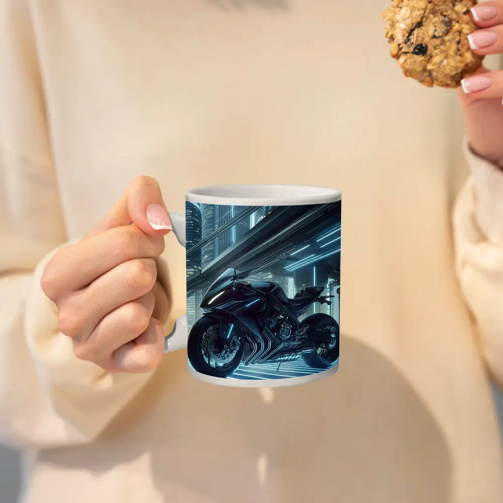Black Futuristic Sport Bike Neon City – Mugs
