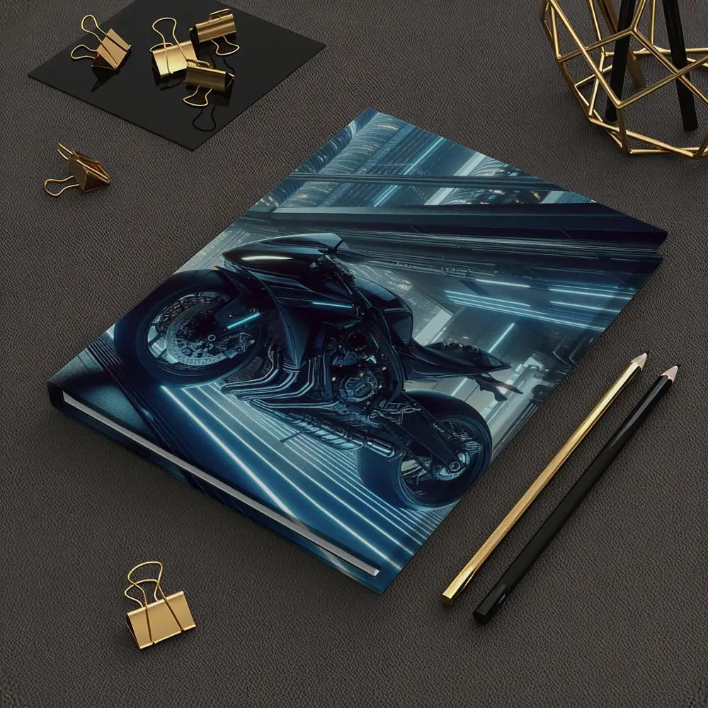 Black Futuristic Sport Bike Neon City – Notebooks