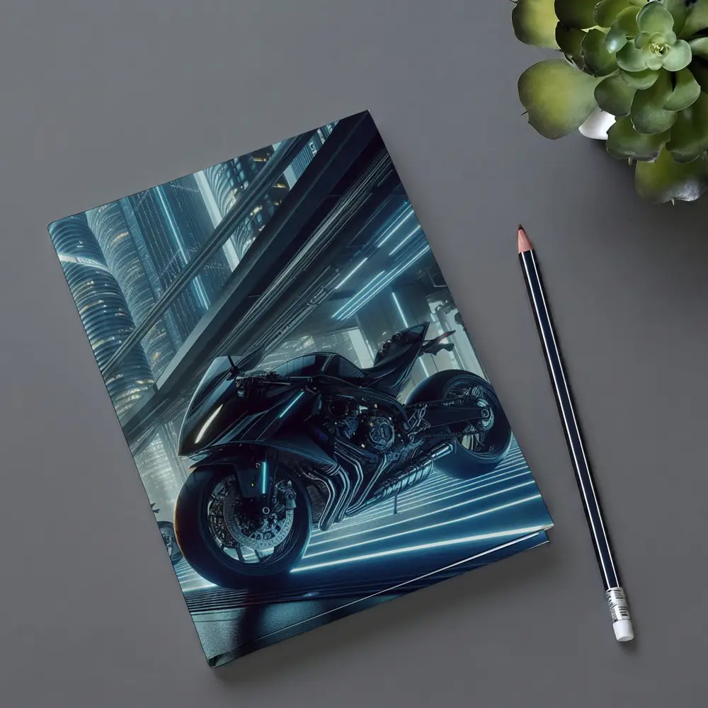 Black Futuristic Sport Bike Neon City – Notebooks