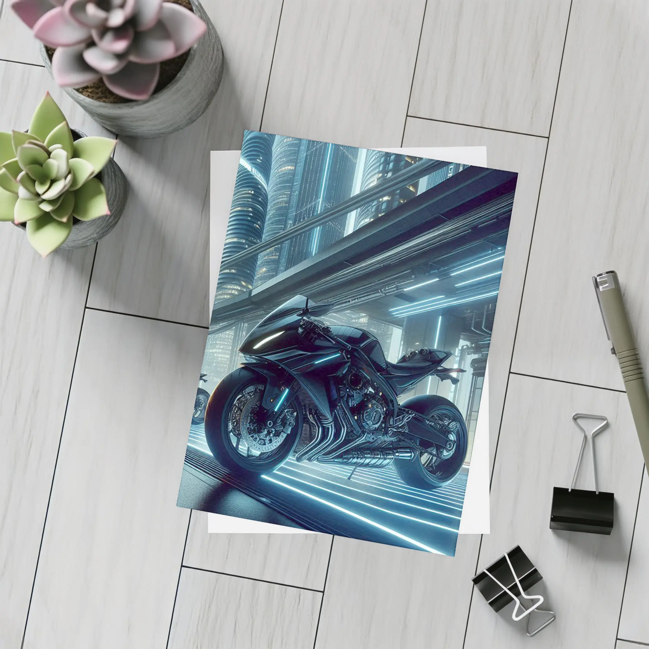 Black Futuristic Sport Bike Neon City – Postcards