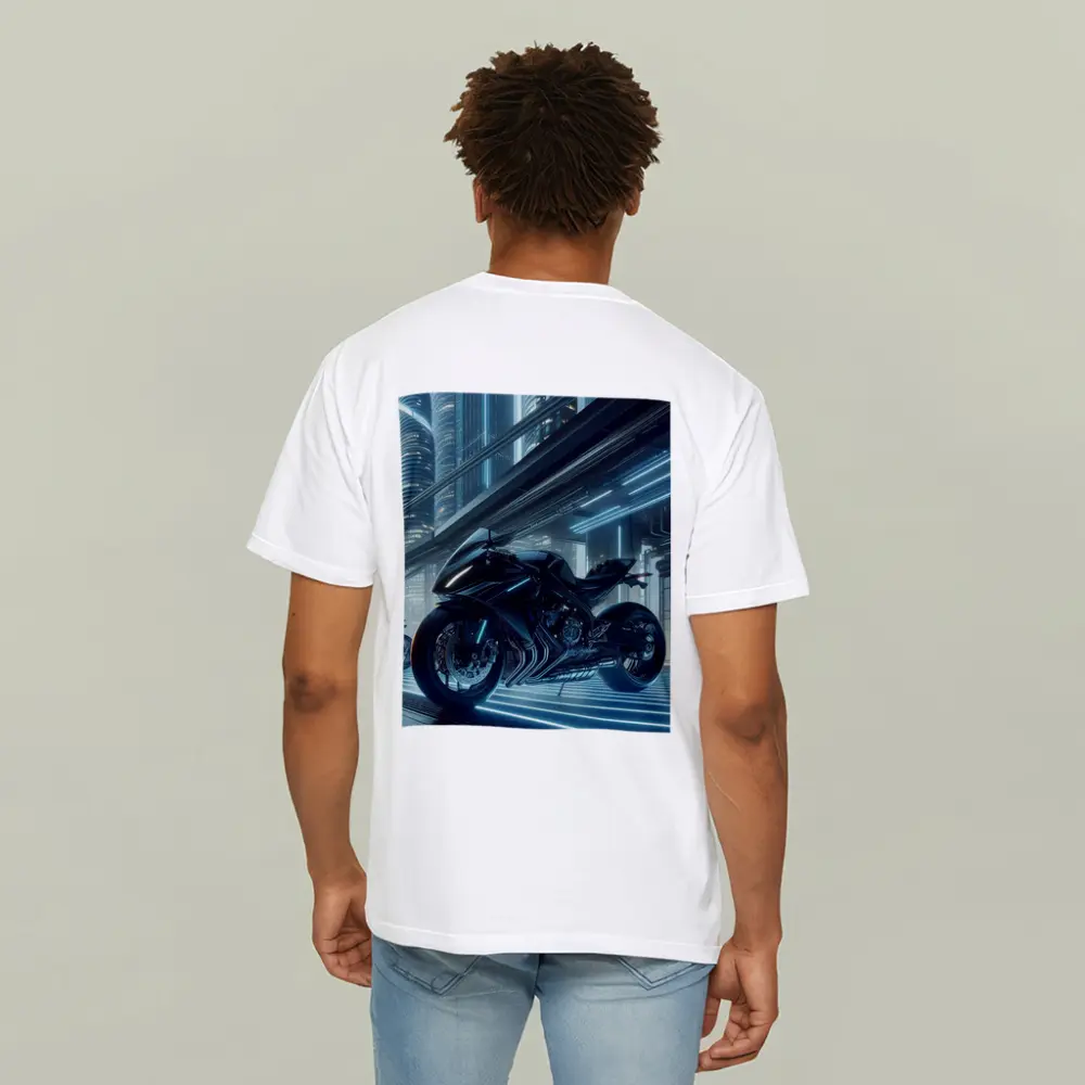 Black Futuristic Sport Bike Neon City – T-Shirts