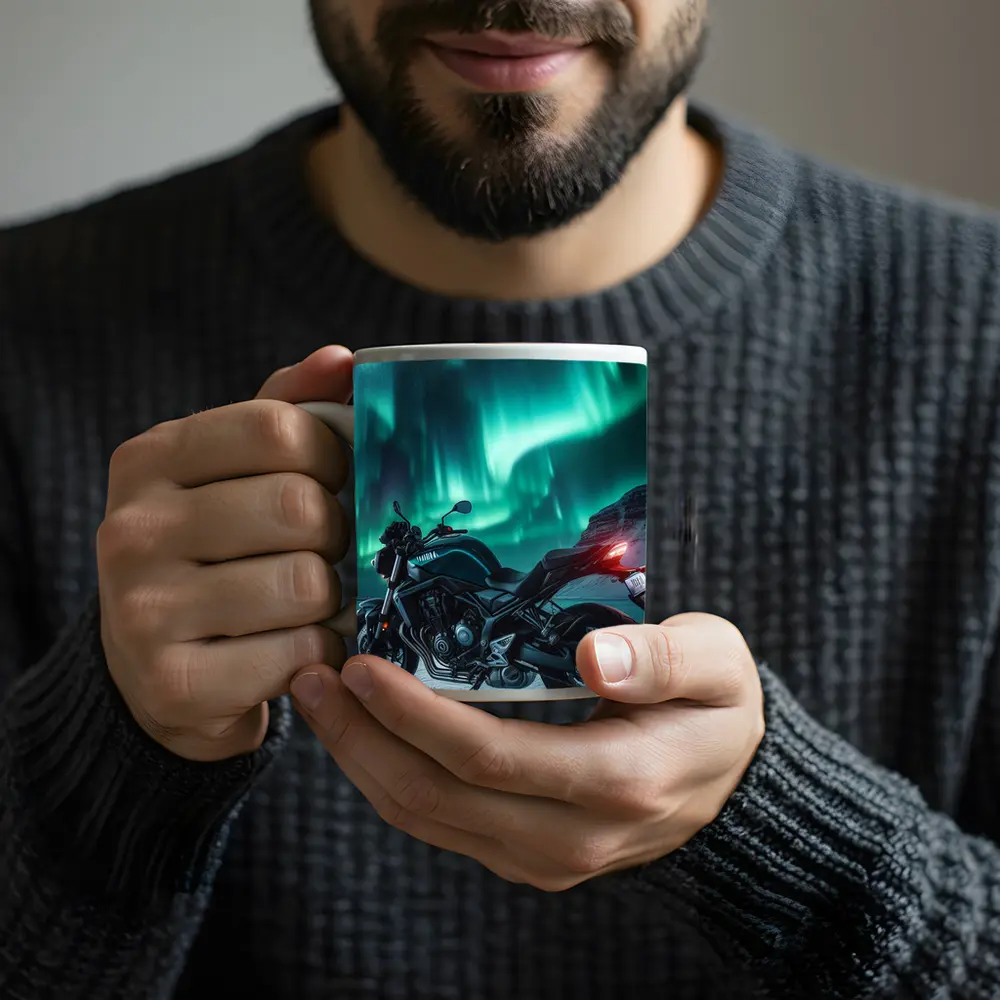 Naked Bike Motorcycle Under Northern Lights – Mugs