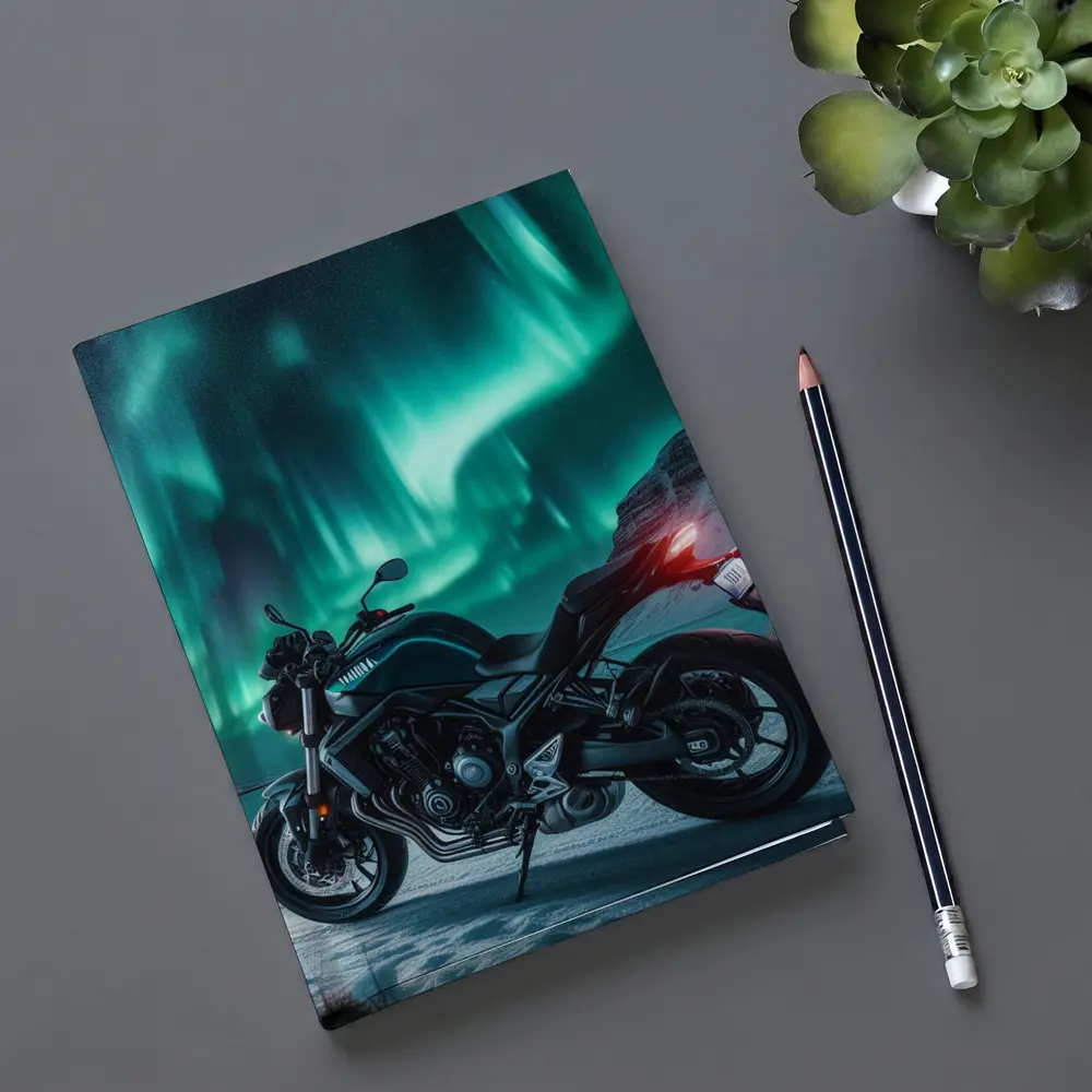 Naked Bike Motorcycle Under Northern Lights – Notebooks