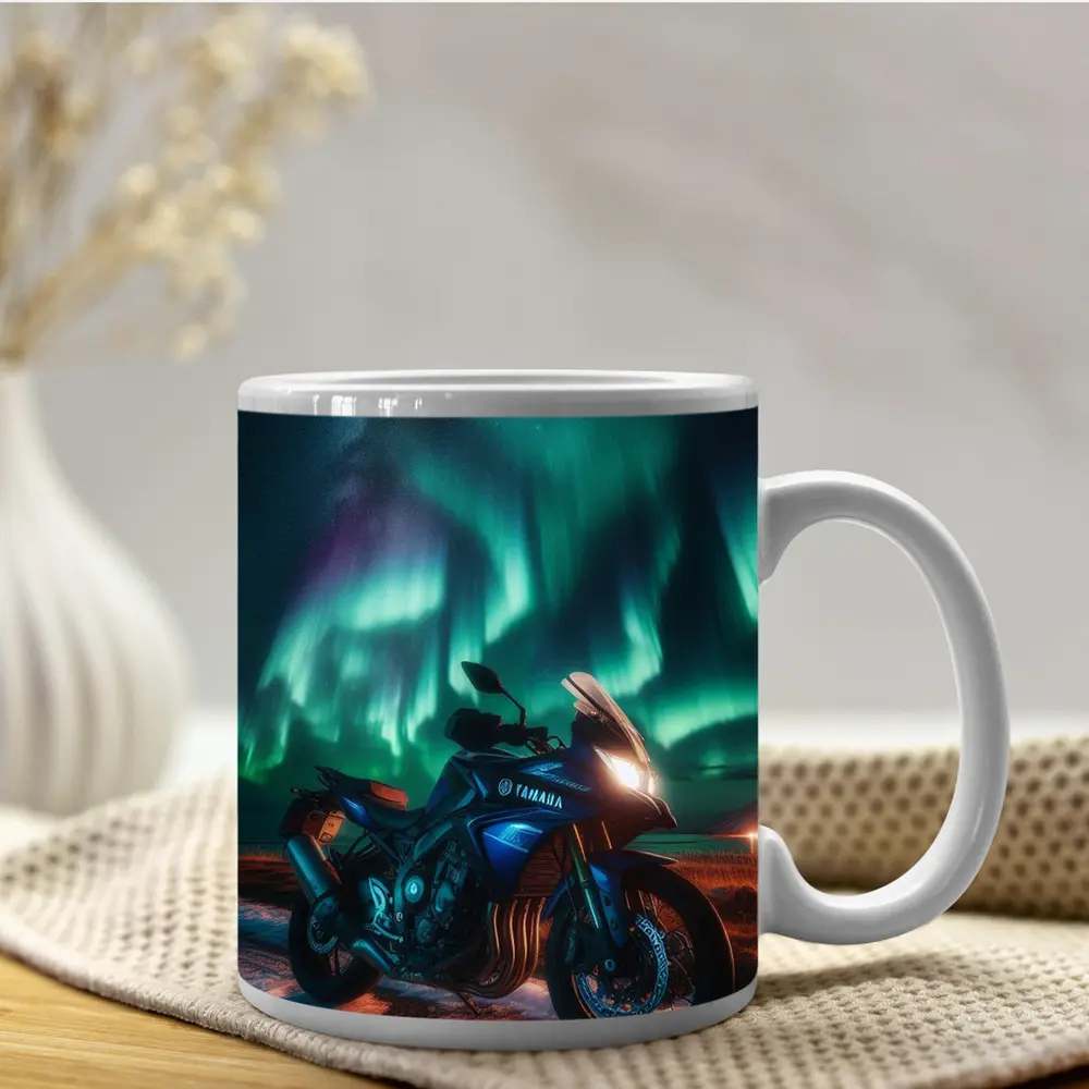 Yamaha Motorcycle Under Northern Lights Night – Mugs