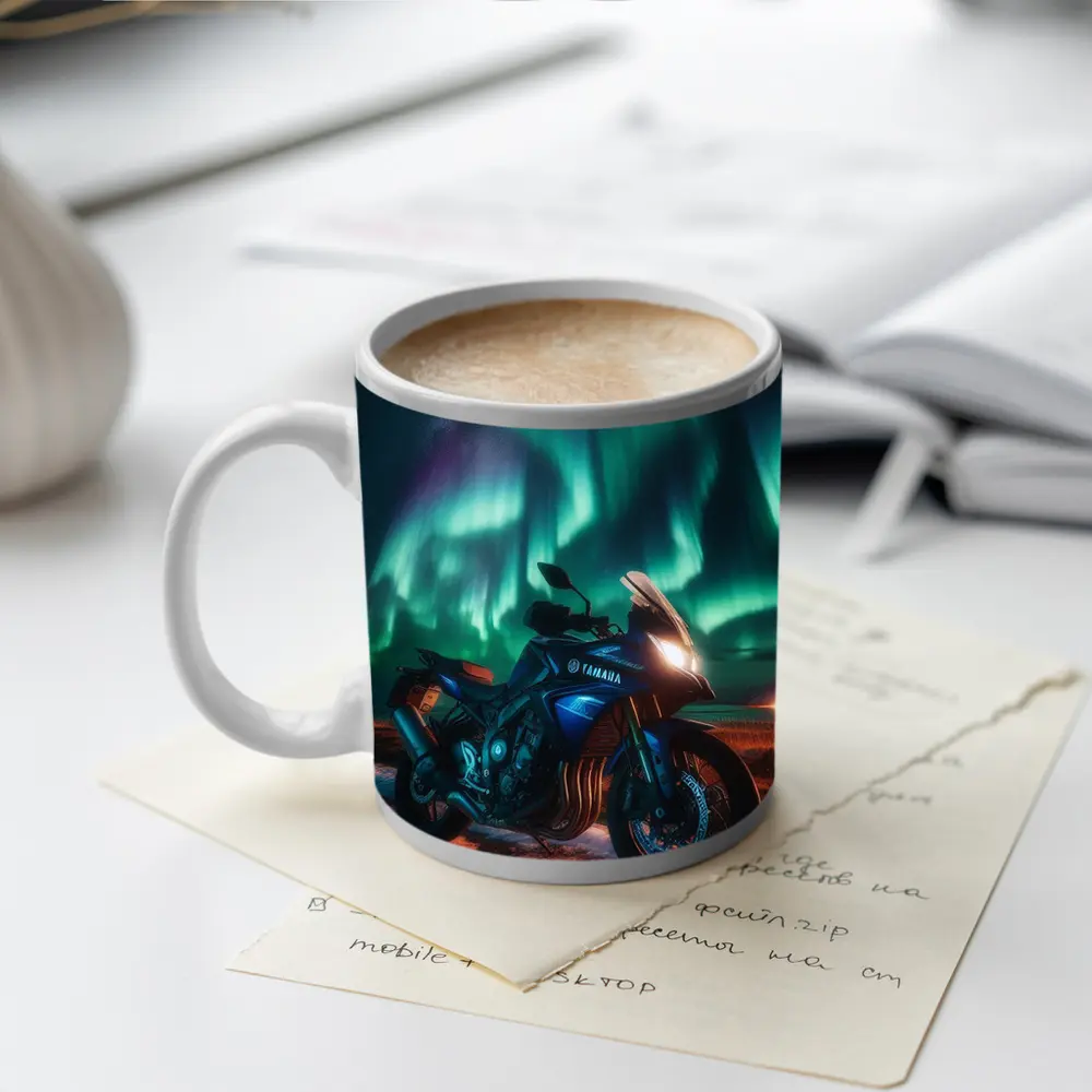 Yamaha Motorcycle Under Northern Lights Night – Mugs