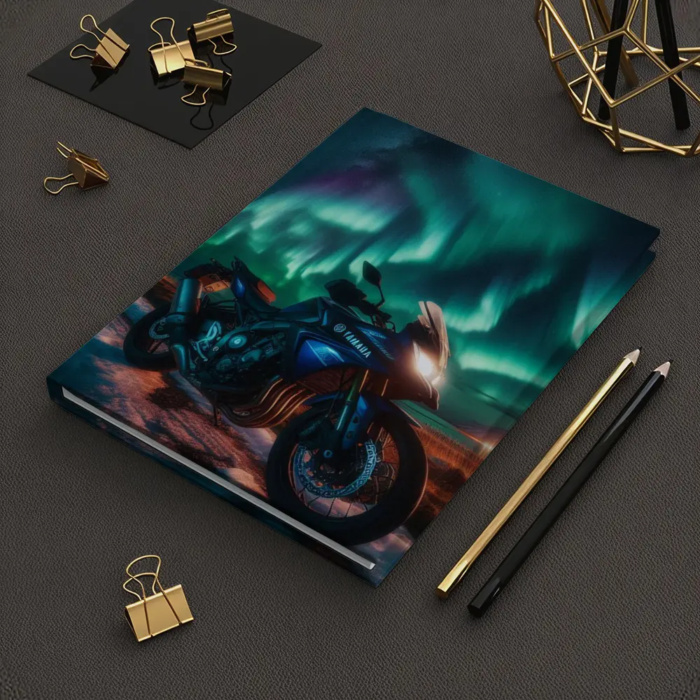 Yamaha Motorcycle Under Northern Lights Night – Notebooks