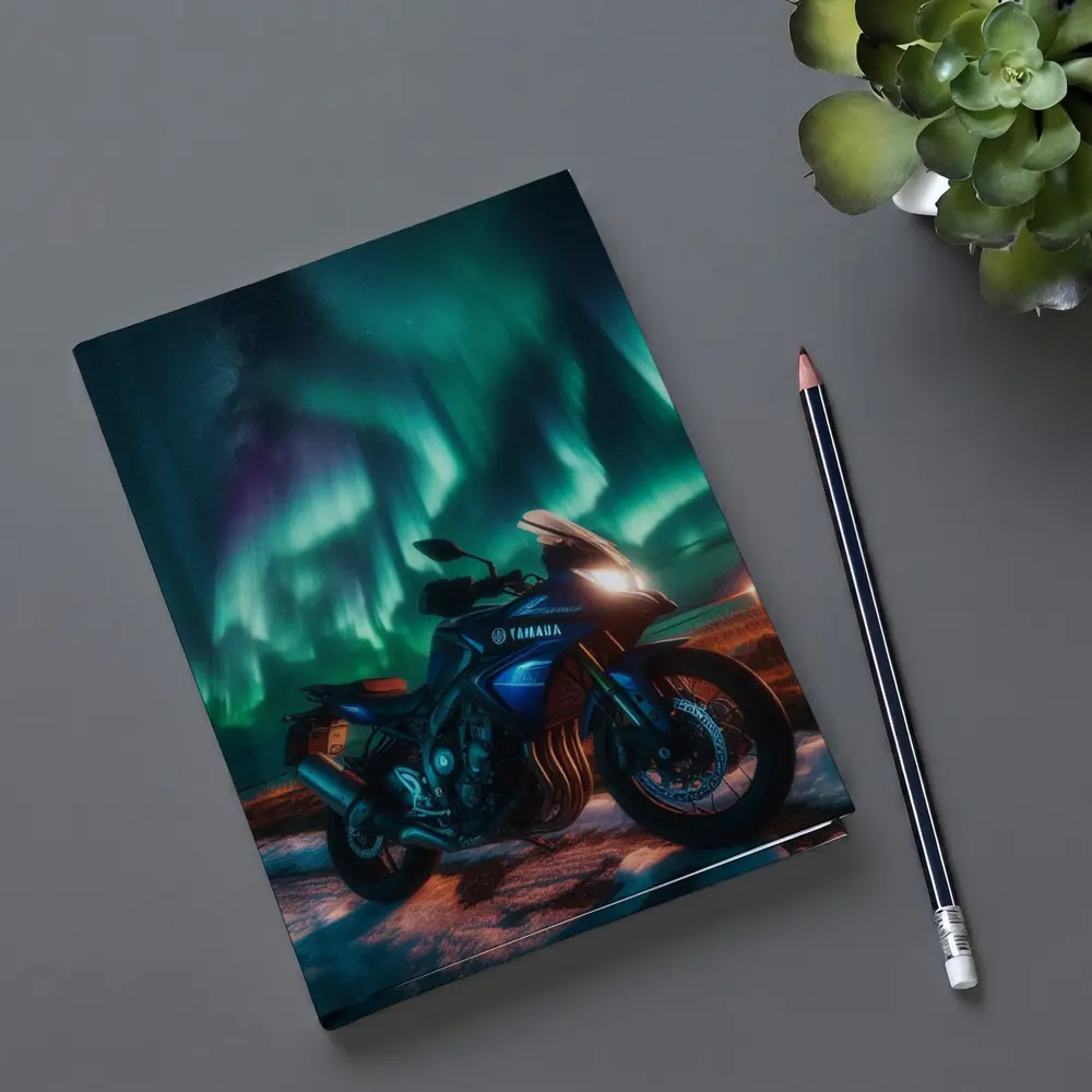 Yamaha Motorcycle Under Northern Lights Night – Notebooks
