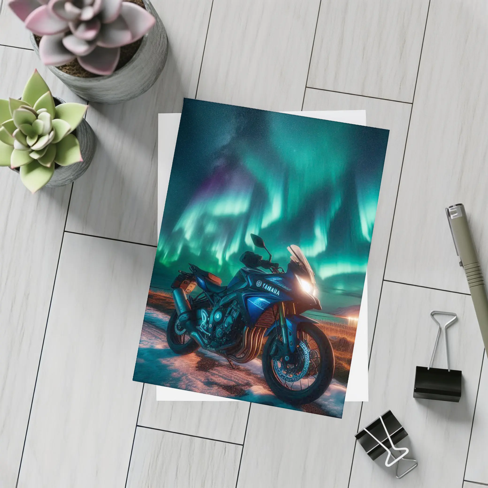 Yamaha Motorcycle Under Northern Lights Night – Postcards