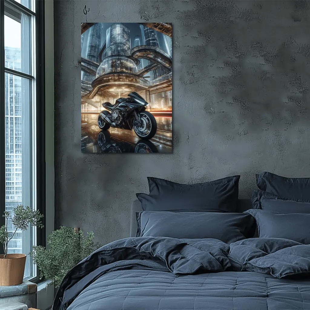 Black Sport Bike Futuristic City Background – Wall Art