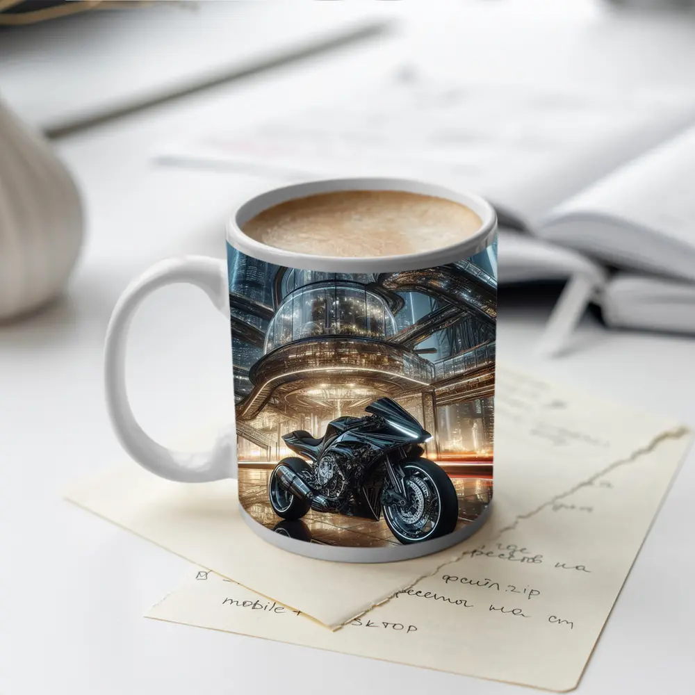Black Sport Bike Futuristic City Background – Mugs