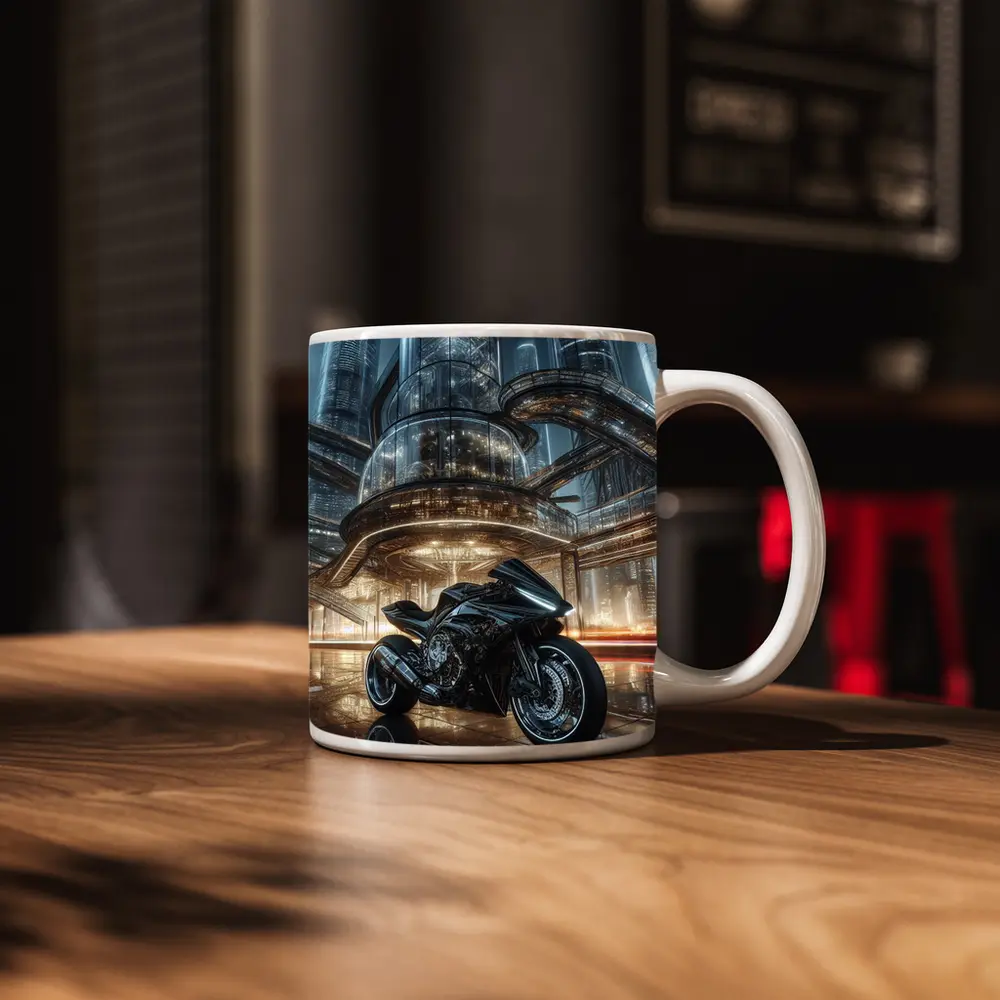 Black Sport Bike Futuristic City Background – Mugs