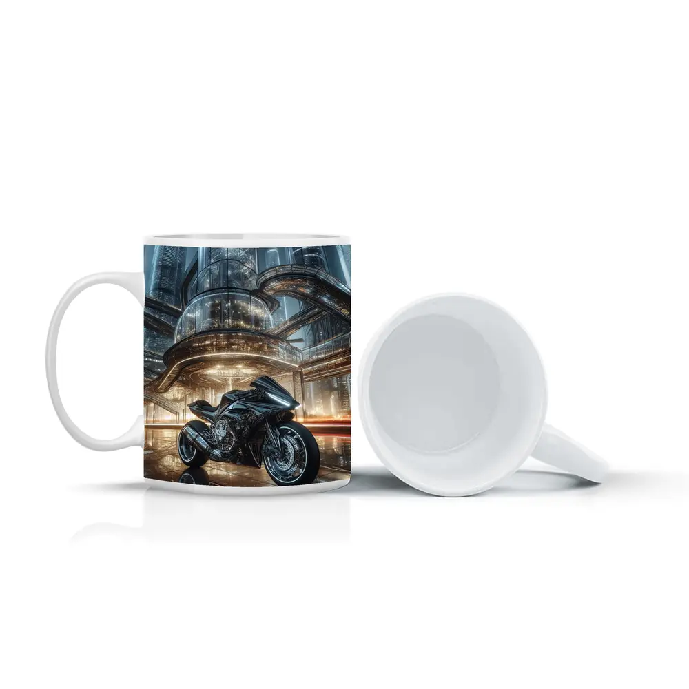 Black Sport Bike Futuristic City Background – Mugs