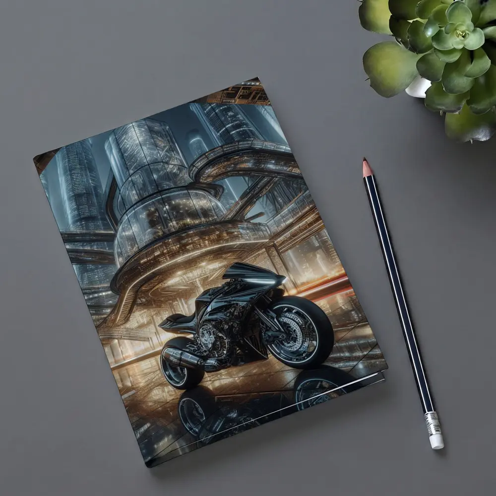 Black Sport Bike Futuristic City Background – Notebooks