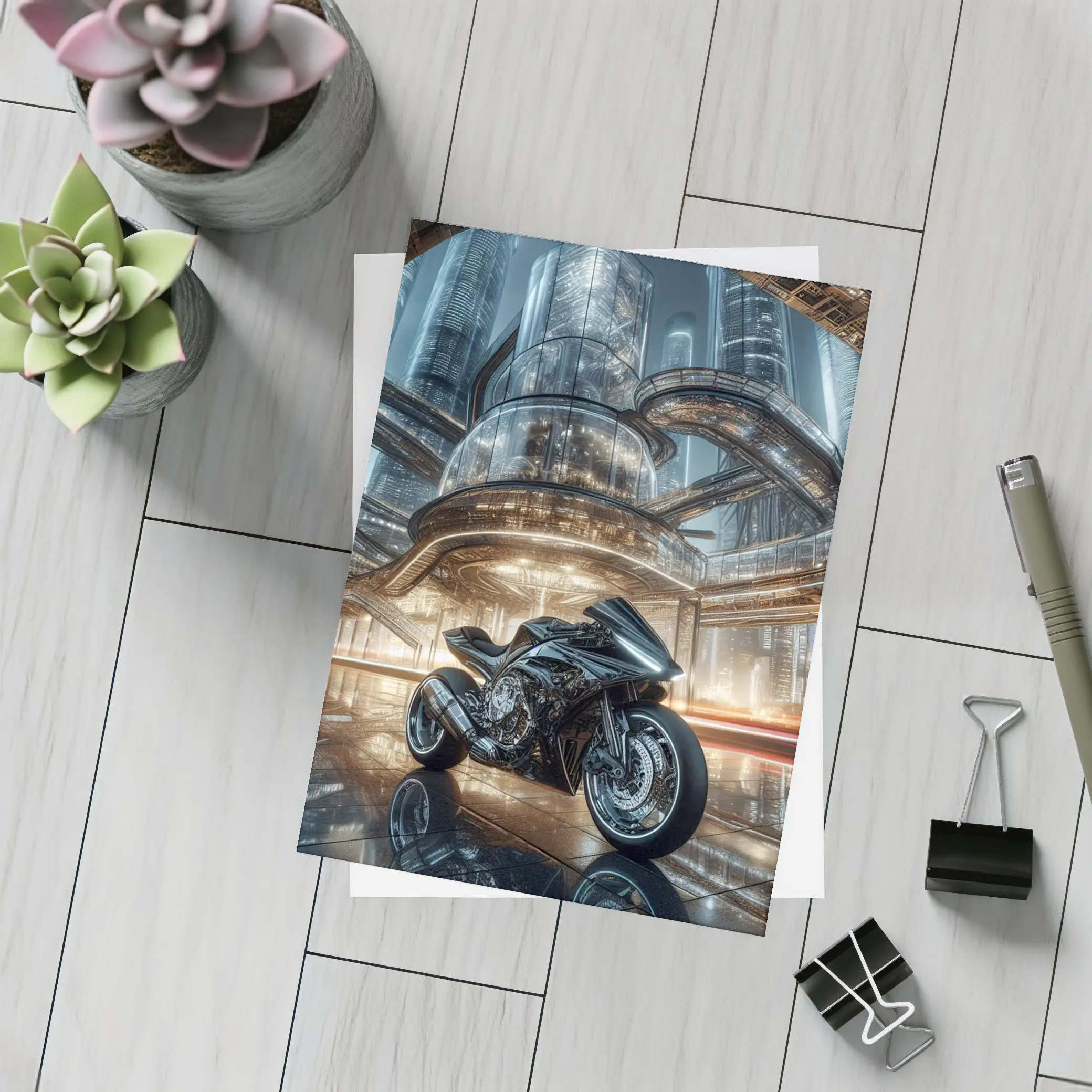 Black Sport Bike Futuristic City Background – Postcards