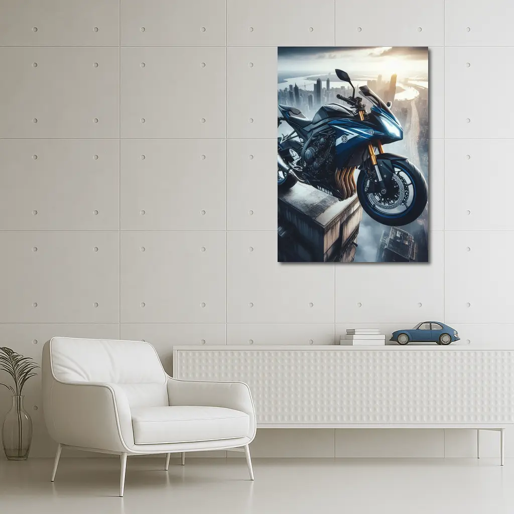 Yamaha Sport Bike Above Futuristic City Skyline – Wall Art