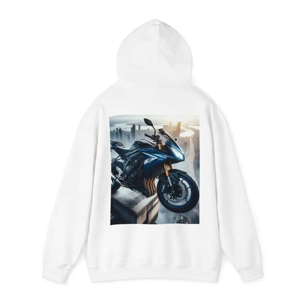 Yamaha Sport Bike Above Futuristic City Skyline – Hoodies