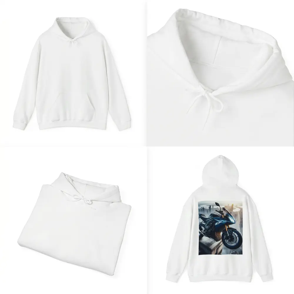 Yamaha Sport Bike Above Futuristic City Skyline – Hoodies