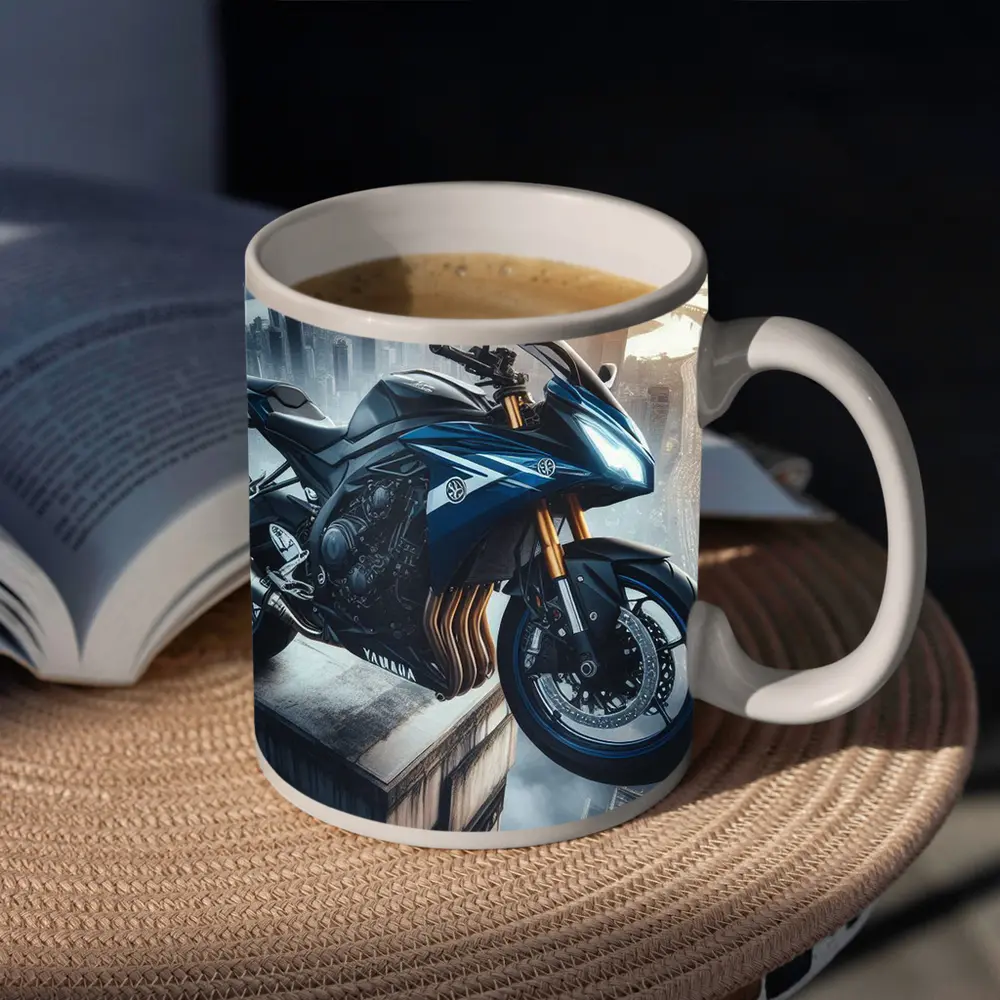 Yamaha Sport Bike Above Futuristic City Skyline – Mugs