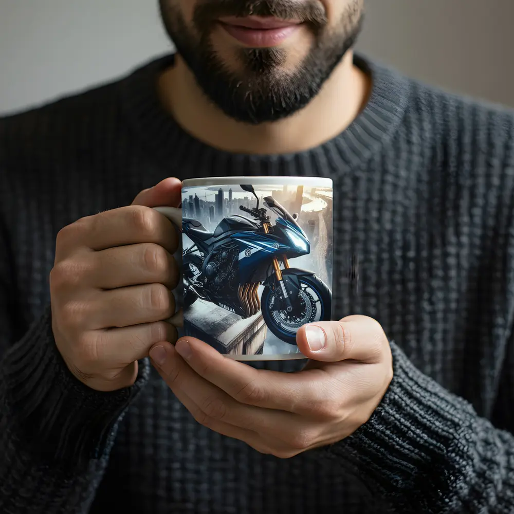 Yamaha Sport Bike Above Futuristic City Skyline – Mugs