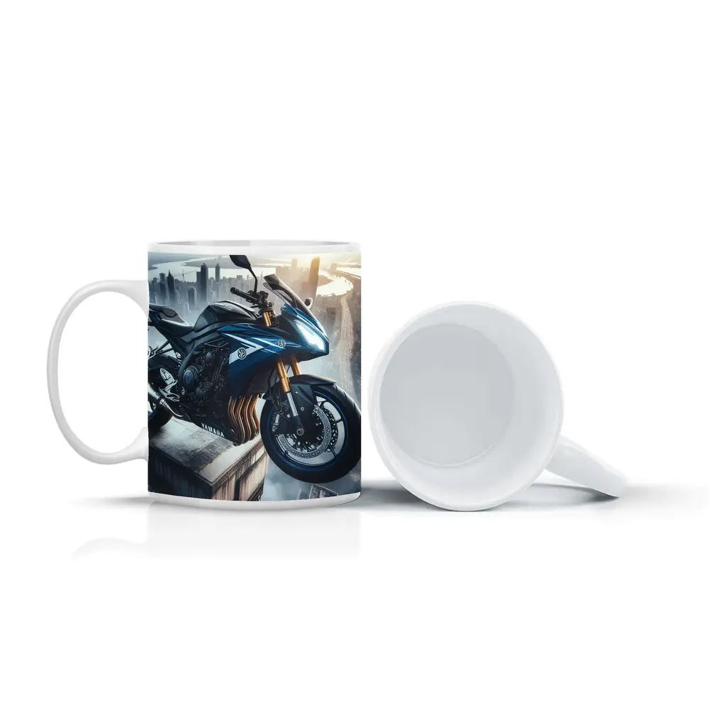 Yamaha Sport Bike Above Futuristic City Skyline – Mugs